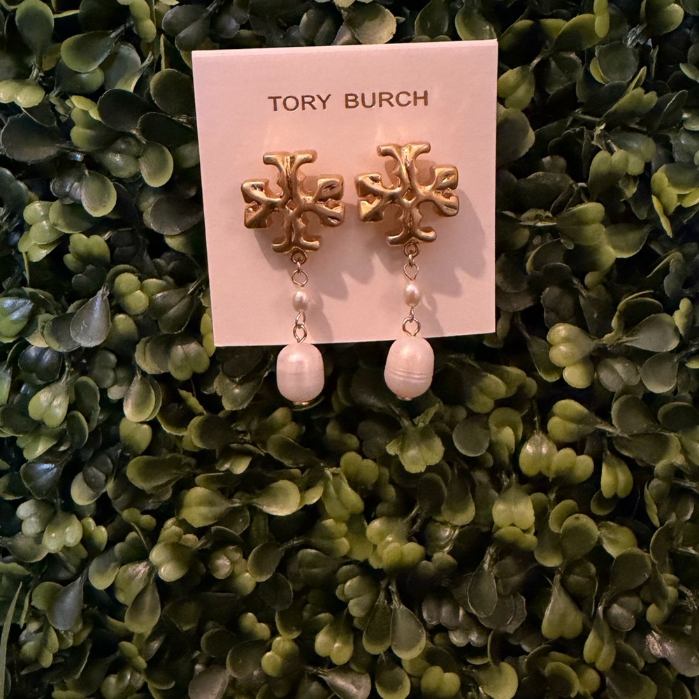 Tory Burch Gold Logo Drop Earrings with White Pearls